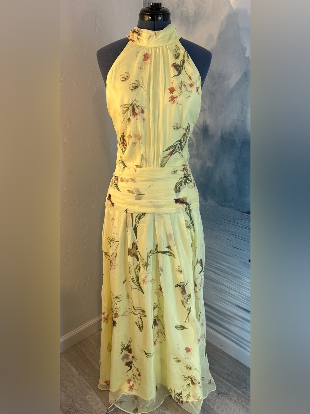 Yellow Floral Halter Maxi Dress with Pleated Waist #382